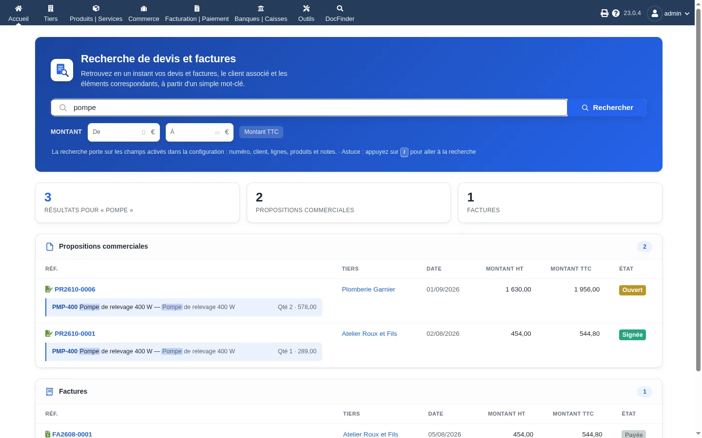 DocFinder, Recherche dans les devis et factures
